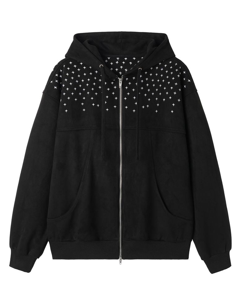 SPRINKLE EMBROIDERY FAUX SUEDE HOODED JACKET - BLACK