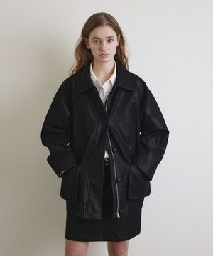 엔케이스 오버핏 하프 레더 자켓_Subtle Black