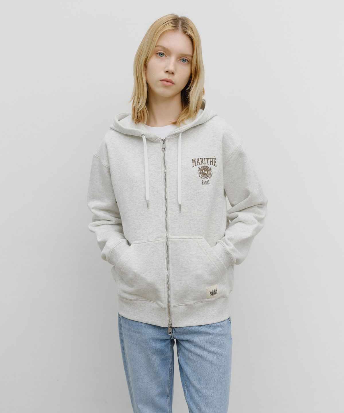 마리떼 프랑소와 저버(MARITHÉ + FRANҪOIS GIRBAUD) BIG COLLEGE LOGO GRAPHIC HOODIE ZIPUP light heather gray