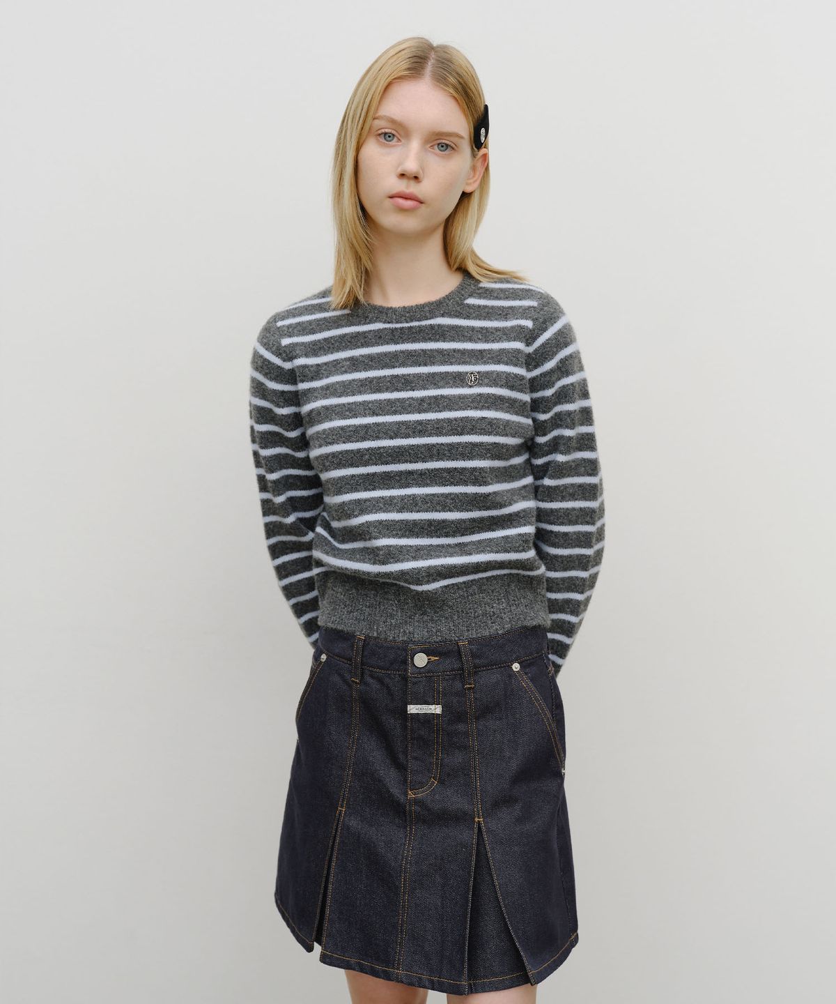 마리떼 프랑소와 저버(MARITHÉ + FRANҪOIS GIRBAUD) W CREW NECK STRIPE CROP KNIT PULLOVER heather charcoal