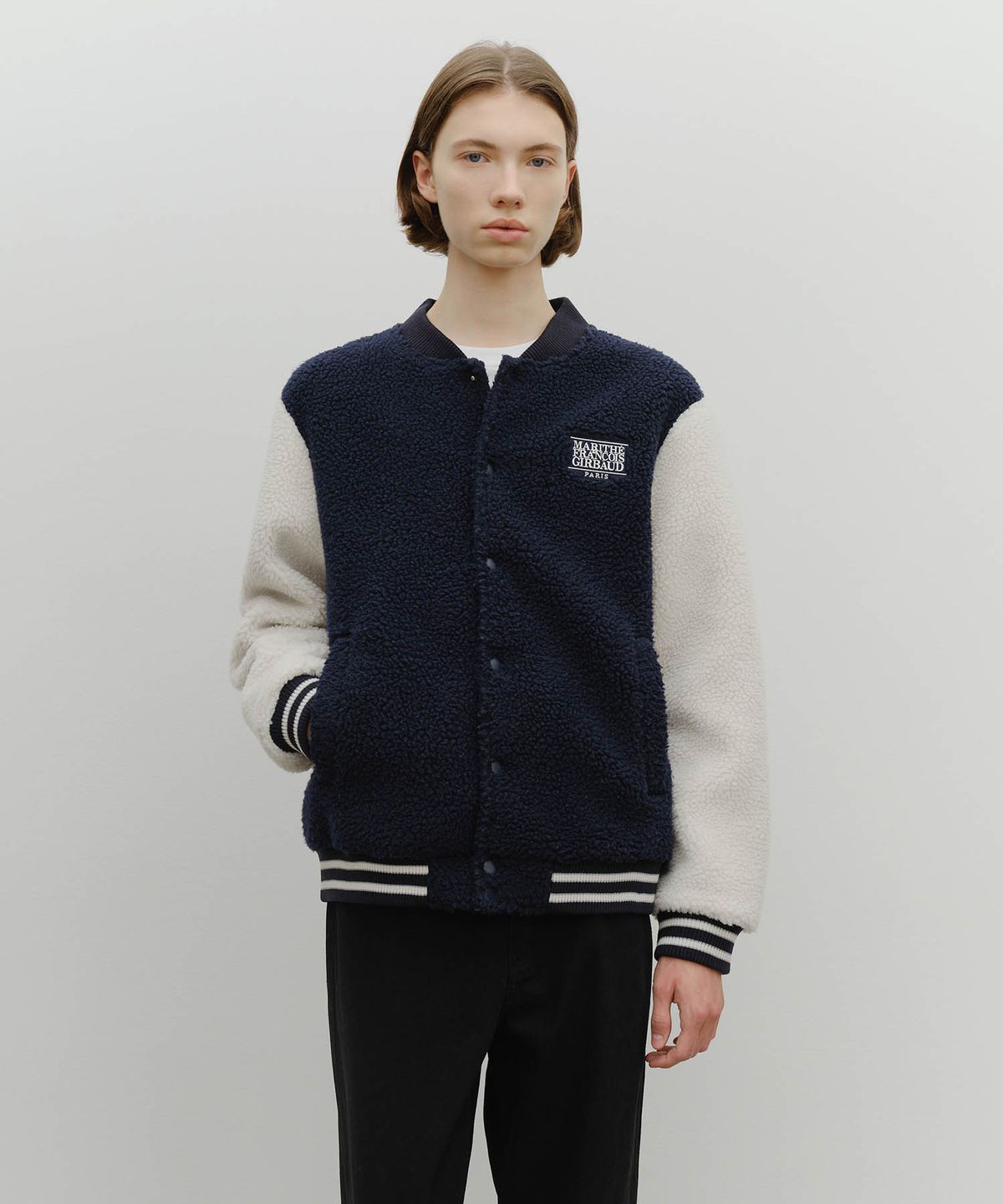 마리떼 프랑소와 저버(MARITHÉ + FRANҪOIS GIRBAUD) FLEECE VARSITY JACKET ivory