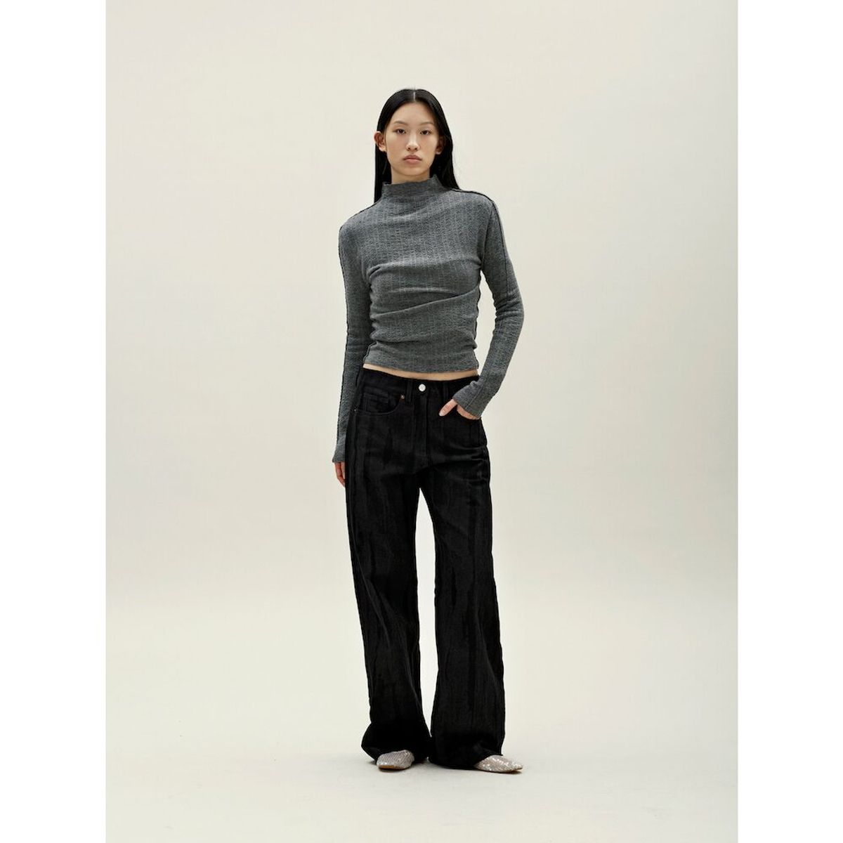 앙개(ANGGAE) Jacquard Wide Pants  Navy