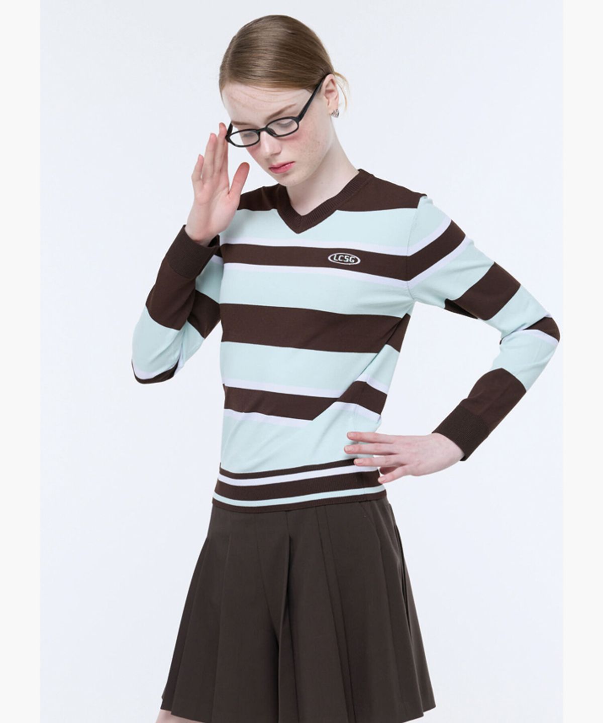 르꼬끄 골프(LECOQ GOLF) 여성 스트라이프 브이넥 스웨터 (GQ322LKP82)