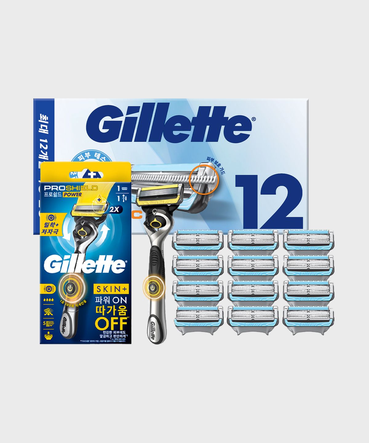 질레트(GILLETTE) 스킨텍 면도날 12입 + 프로쉴드 파워 면도기 본품 증정
