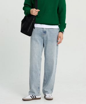 로우 세미 와이드 워싱 데님 팬츠 (Light Blue)