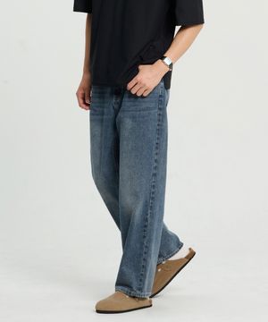 로우 세미 와이드 워싱 데님 팬츠 (Blue)