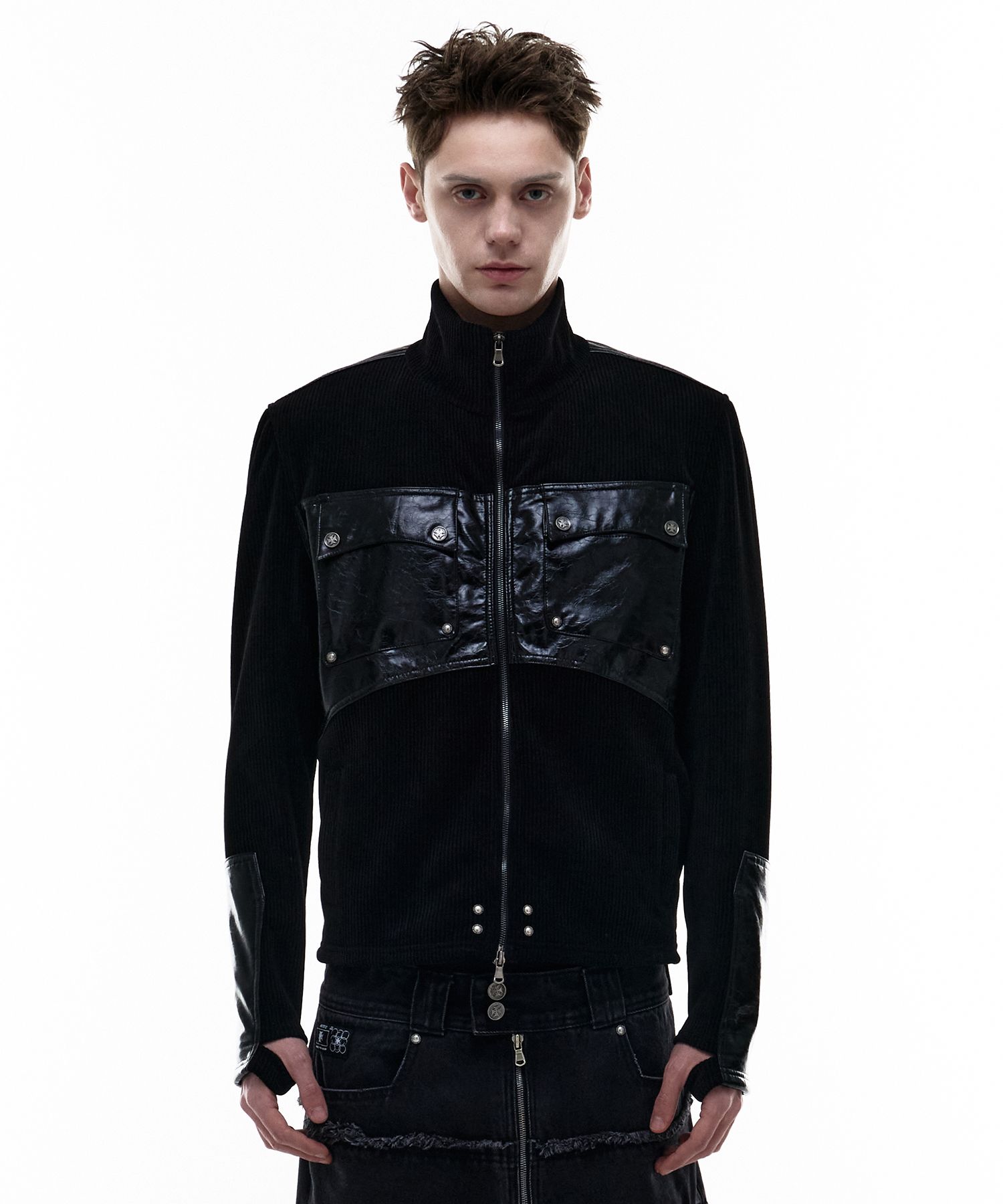 MUSINSA公式 | OPUS 0012 Op. 03 COMBAT LEATHER PATCH KNIT-ZIP BLACK