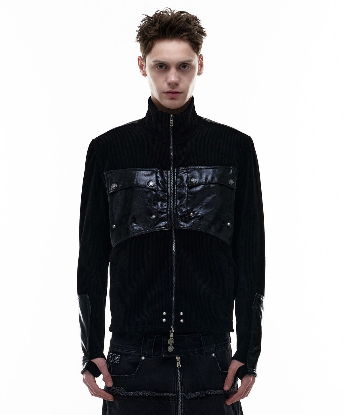 오퍼스 0012(OPUS 0012) Op. 03 COMBAT LEATHER PATCH KNIT-ZIP BLACK