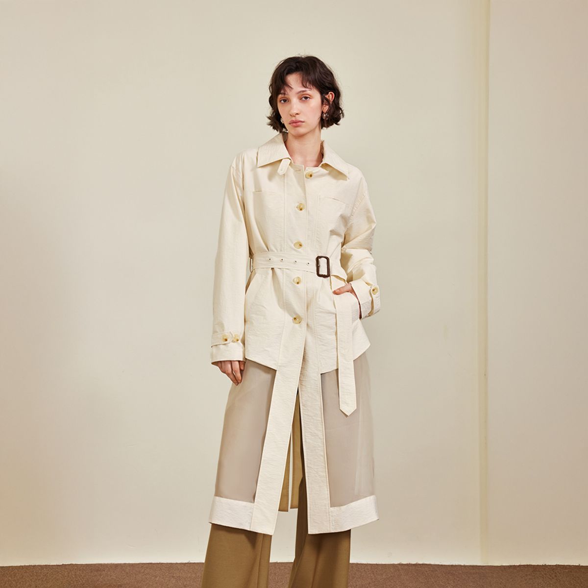 와이와이아이엠(YYIAM) YY_Belt cinched waist mid-length coat