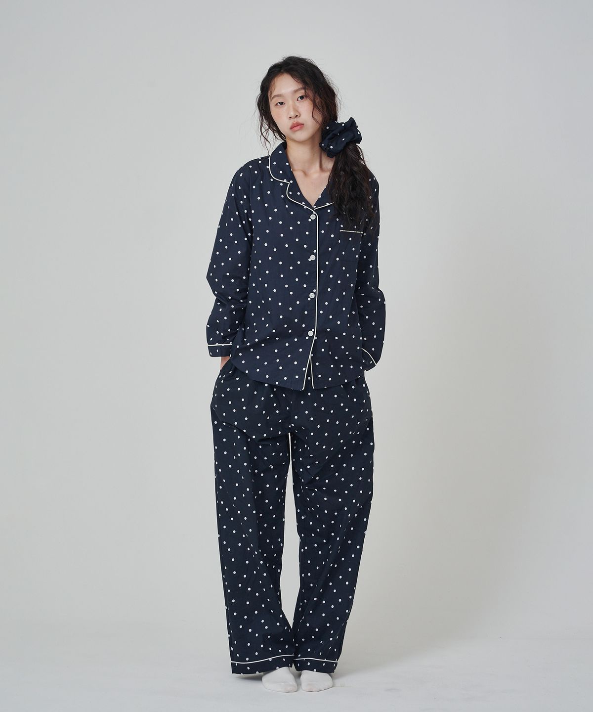 오끼뜨(OGGITT) (w)스탠다드 킨 도트 파자마 긴소매세트 네이비