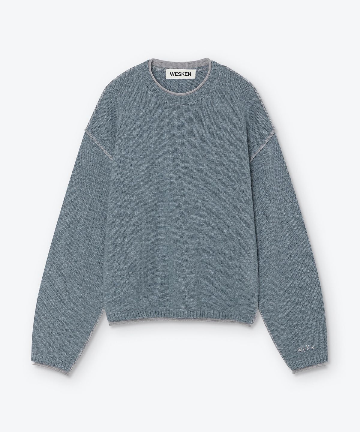 웨스켄(WESKEN) [UNISEX] LAYERED STITCHED CREW NECK KNIT (ASH BLUE)
