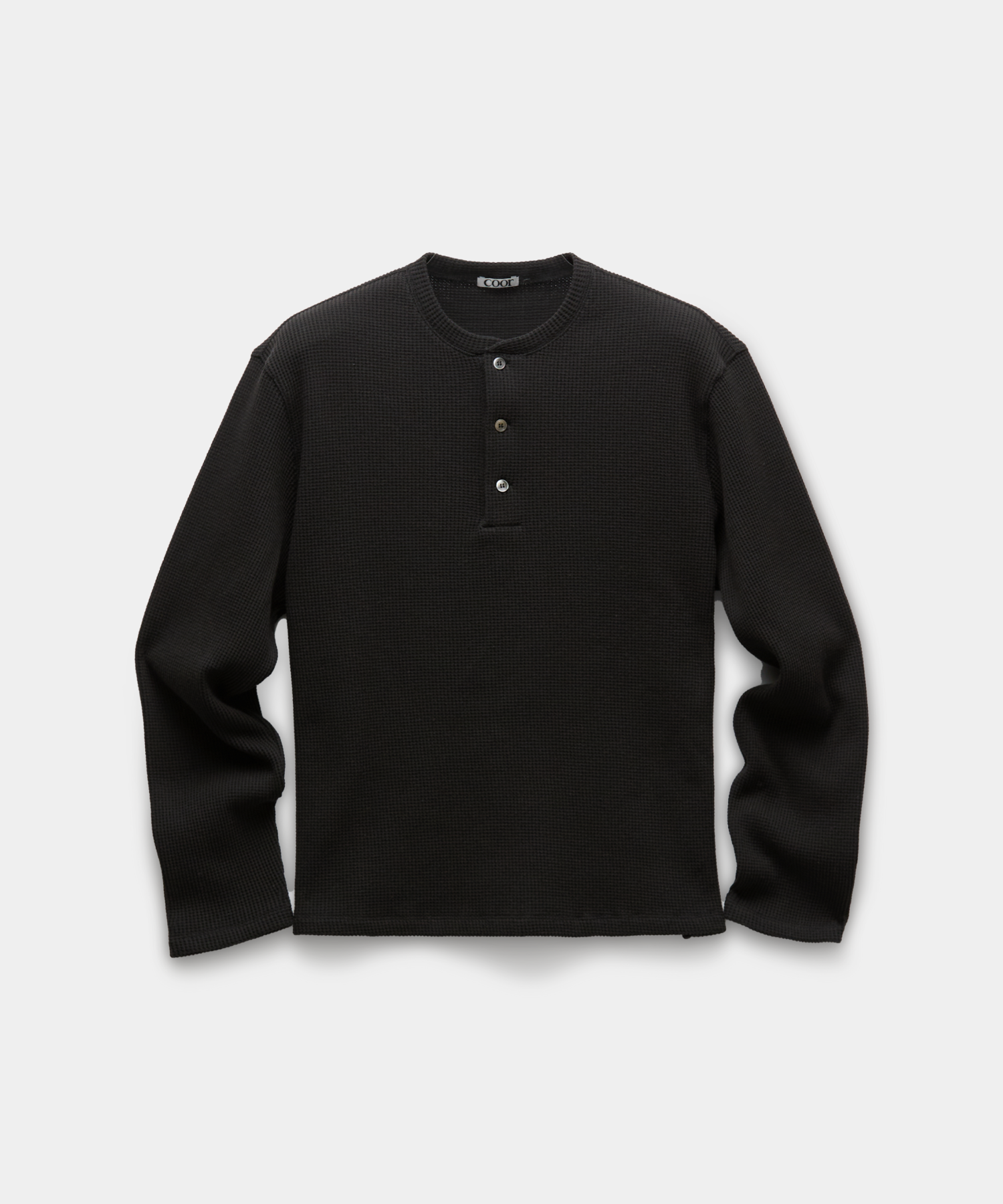 MUSINSA | COOR Waffle Henley Neck Long Sleeve T-Shirt (Black)