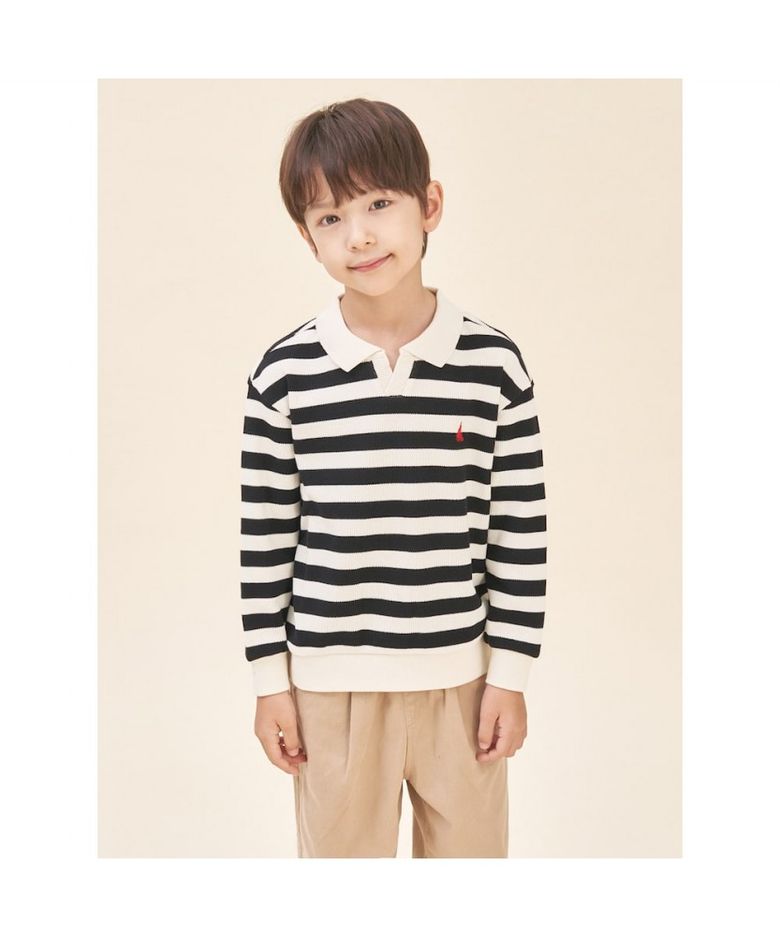 와플 스트라이프 칼라 스웨트 셔츠  블랙 (BI5841U055)