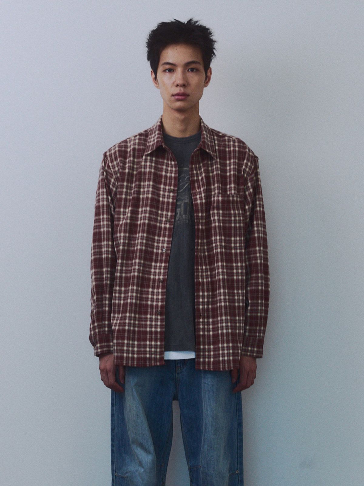 기준 맨(KIJUN MEN) Rustic Flannel Check Shirt Red Brown