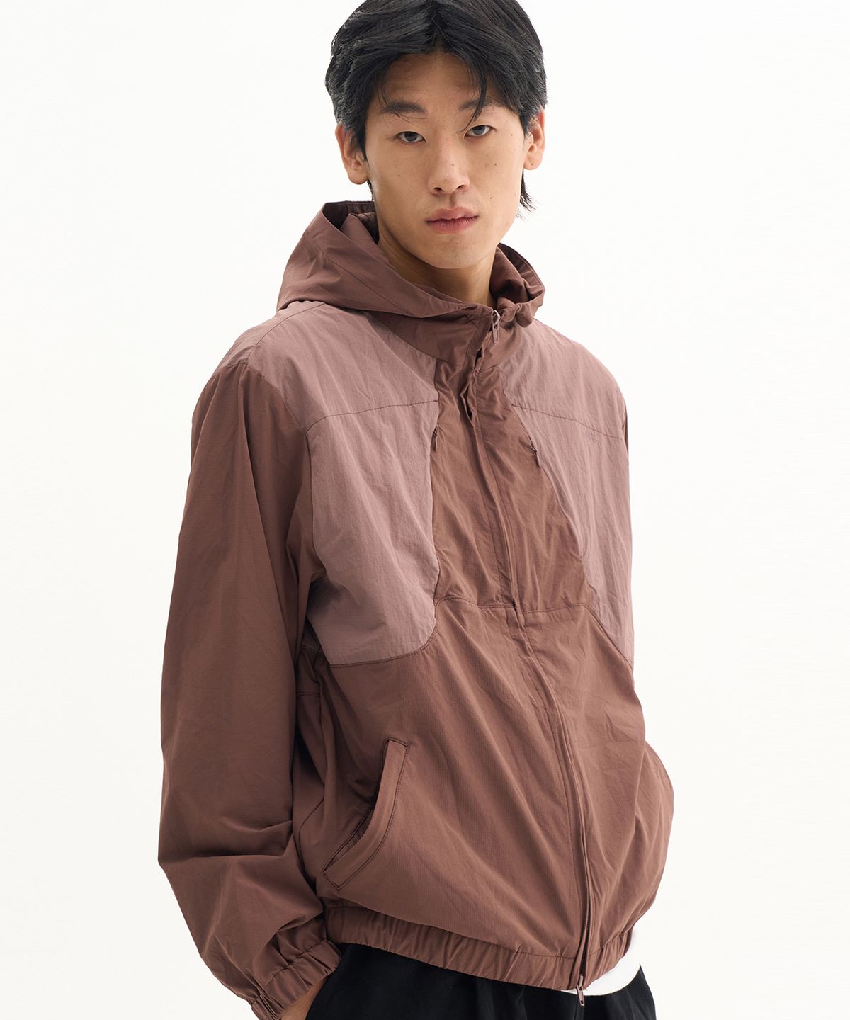 플레이스스튜디오맨(PLACESTUDIOMAN) 하이넥 시어 배색 나일론 후드 바람막이 윈드 브레이커  [와인]