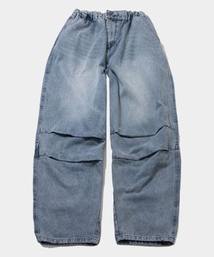 허리 밴딩 무릎 워싱 핀턱 파라슈트 와이드 데님 팬츠 [연청]