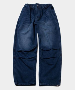 허리 밴딩 무릎 워싱 핀턱 파라슈트 와이드 데님 팬츠 [중청]