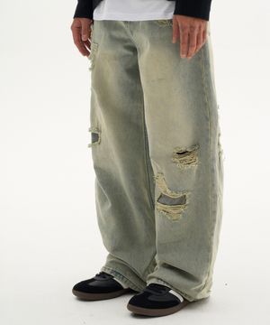 빈티지 워시드 데미지 패치 디테일 와이드 데님 팬츠 [연청]