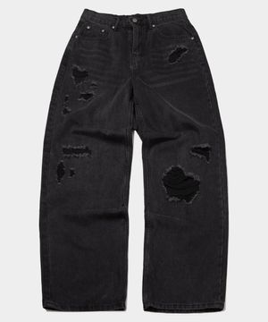 빈티지 워시드 데미지 패치 디테일 와이드 데님 팬츠 [흑청]