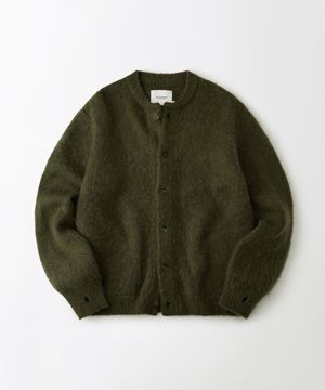 BRUSHED WOOL ROUND NECK CARDIGAN_MELANGE OLIVE