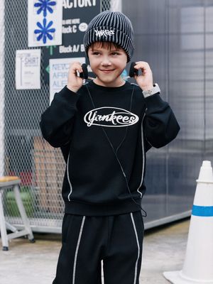 스트릿 베이직 컬러 스티치 맨투맨세트 NY (Black)