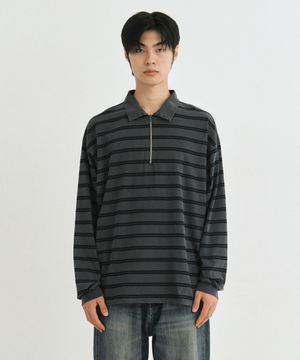 Vtg zip-up stripe polo shirt (vtg navy)