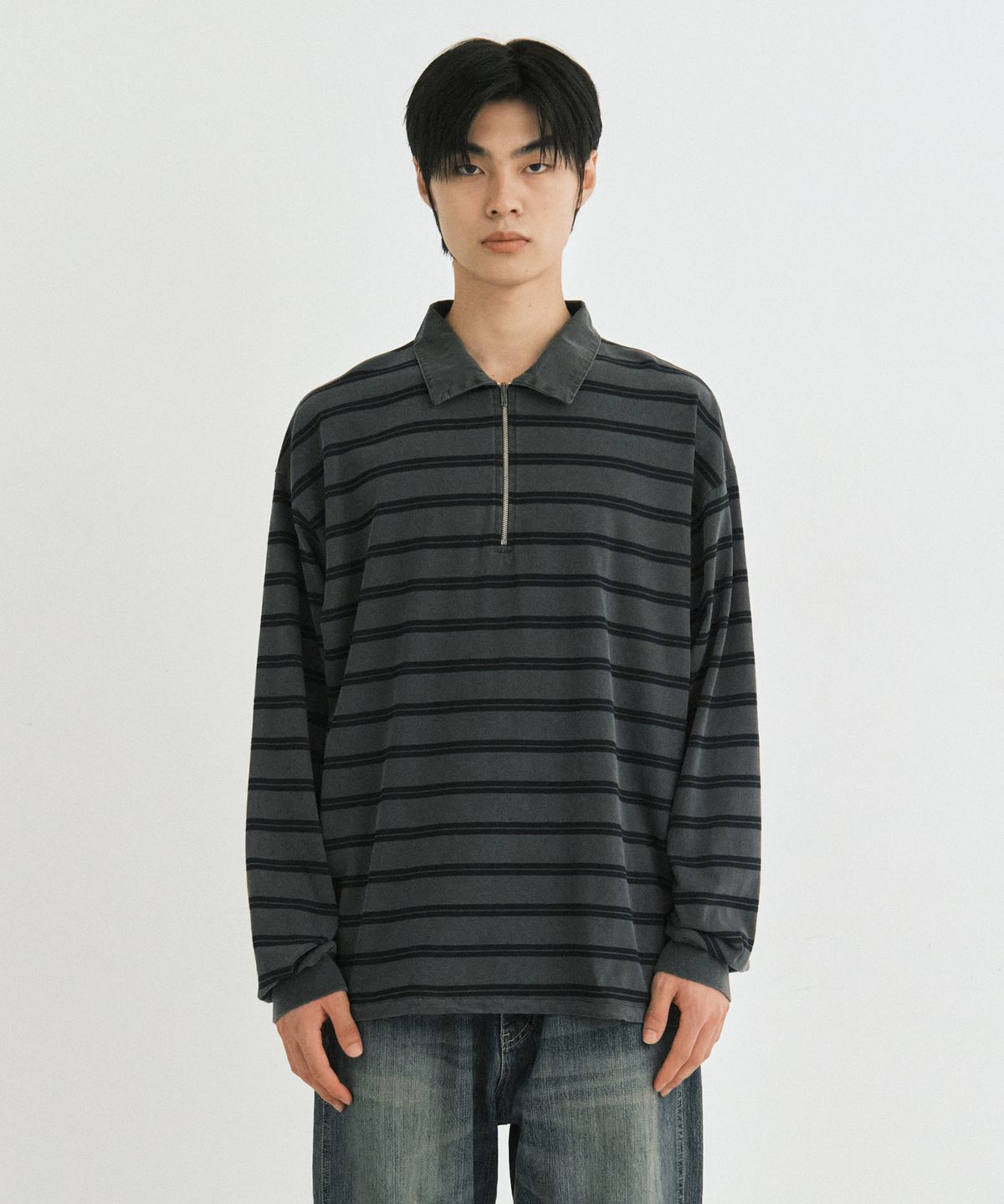 엔도어(ENDOOR) Vtg zip-up stripe polo shirt (vtg navy)