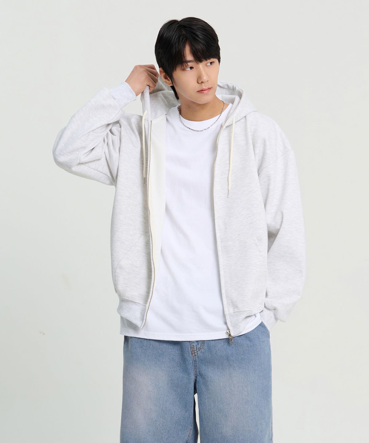 크레드먼스(CREEDMENS) 2-WAY 베이직 이중지 후드집업 (White Melange)