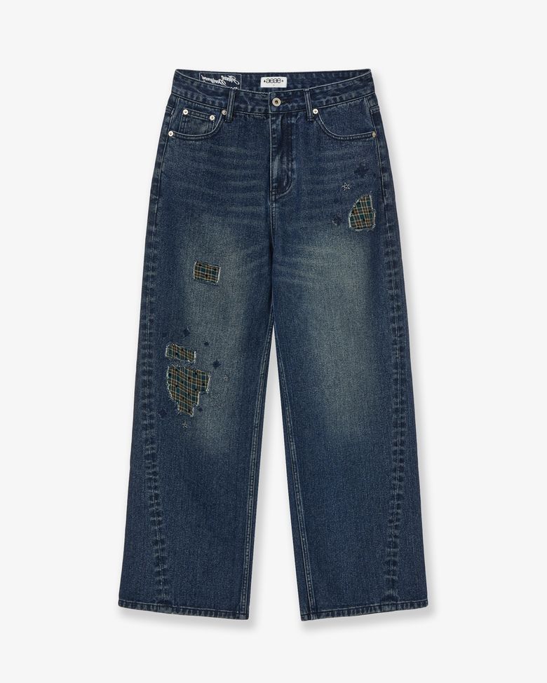 CHECK PATCHWORK DENIM PANTS [ASH BLUE]