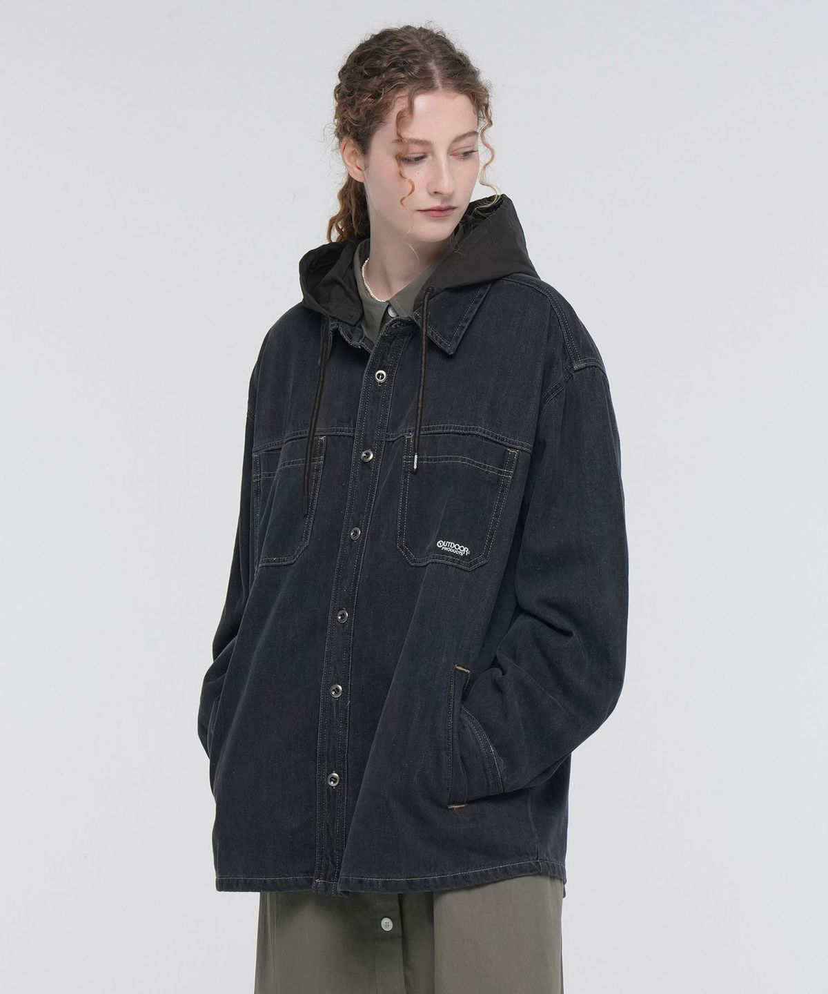 아웃도어 프로덕츠(OUTDOOR PRODUCTS) DETACHABLE HOOD DENIM SHIRT (GRAY)