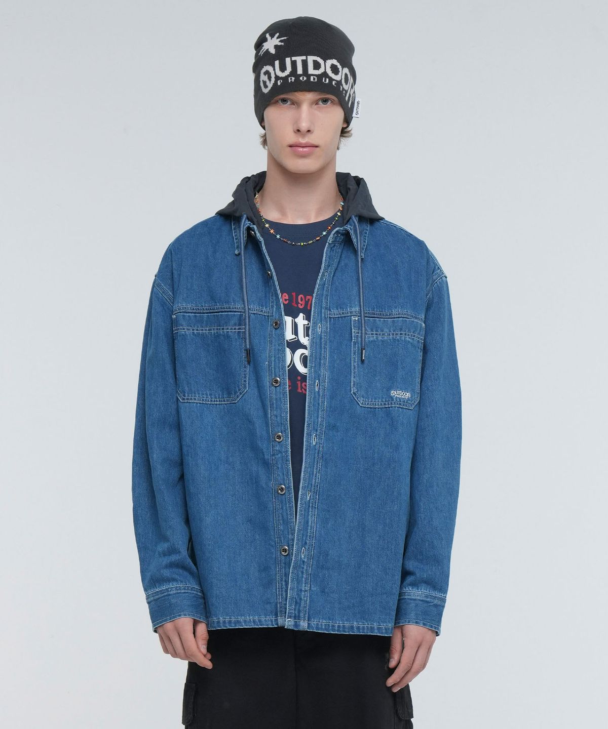 아웃도어 프로덕츠(OUTDOOR PRODUCTS) DETACHABLE HOOD DENIM SHIRT (BLUE)