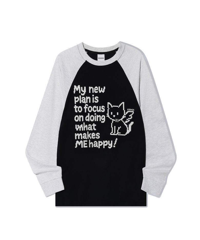 happy cat raglan long sleeve_ NAVY