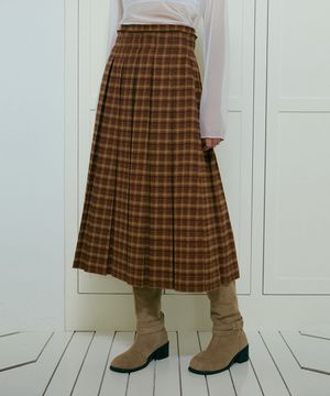 체크 플리츠 롱 스커트-브라운