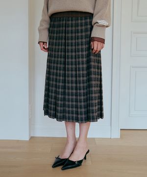 체크 플리츠 롱 스커트-블랙