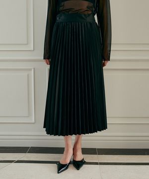 새틴 플리츠 랩 스커트-블랙