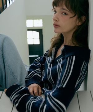 모헤어 스트라이프 카라 풀오버-네이비