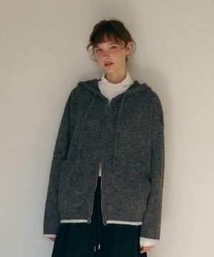 브러쉬 배색울 후드집업-차콜