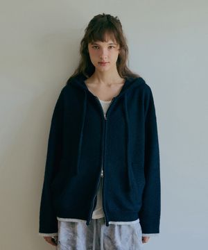 브러쉬 배색울 후드집업-네이비