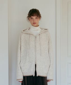 브러쉬 배색울 후드집업-오트밀