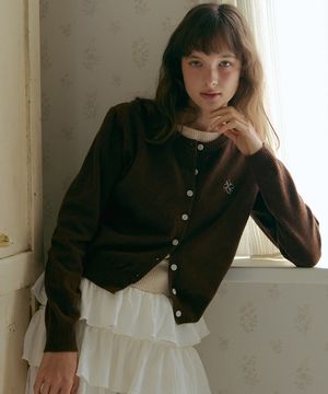 배색 레이어드 울 가디건-브라운크림