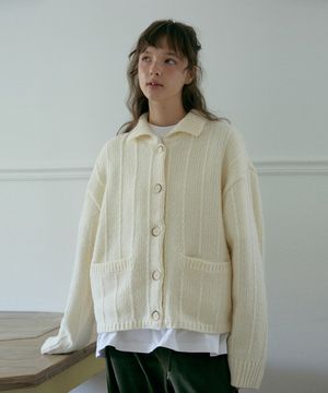터크 포켓 울 가디건-크림