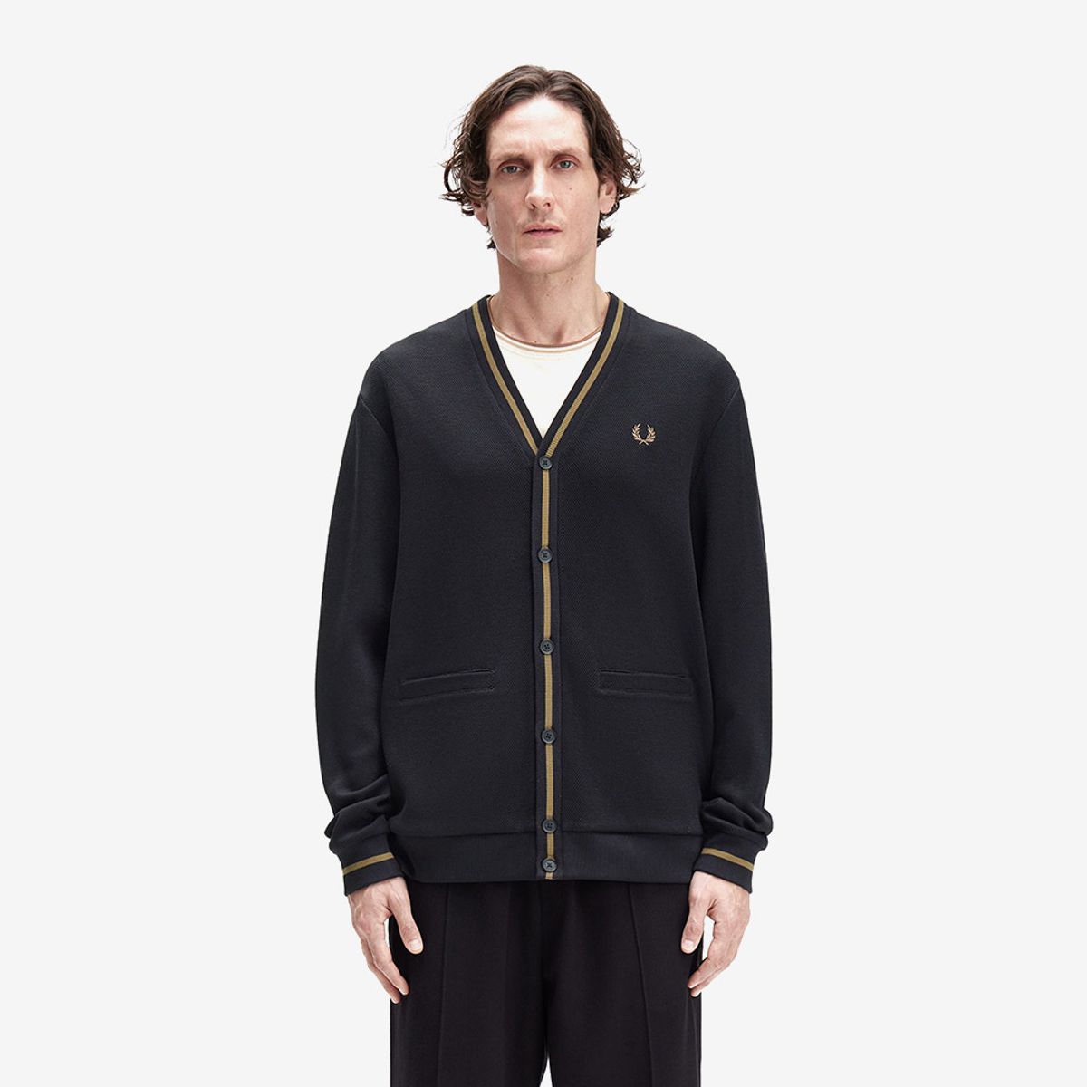 프레드페리(FRED PERRY) [Sharp] 팁 피케 텍스쳐 가디건 - 블랙/쉐이디드 스톤 AFPM2532654-Q27