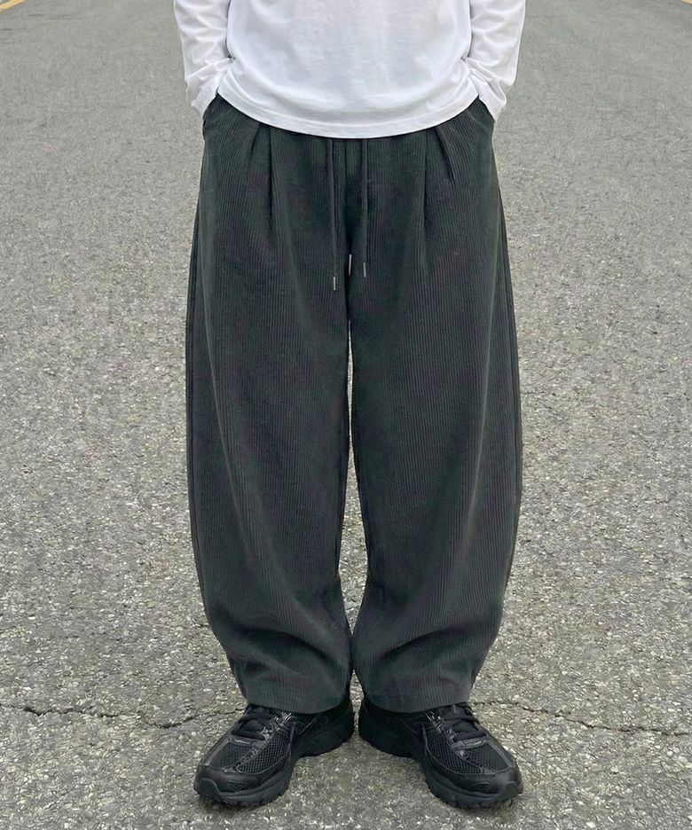 컬러풀 코듀로이 스트링 와이드 팬츠 챠콜블루
