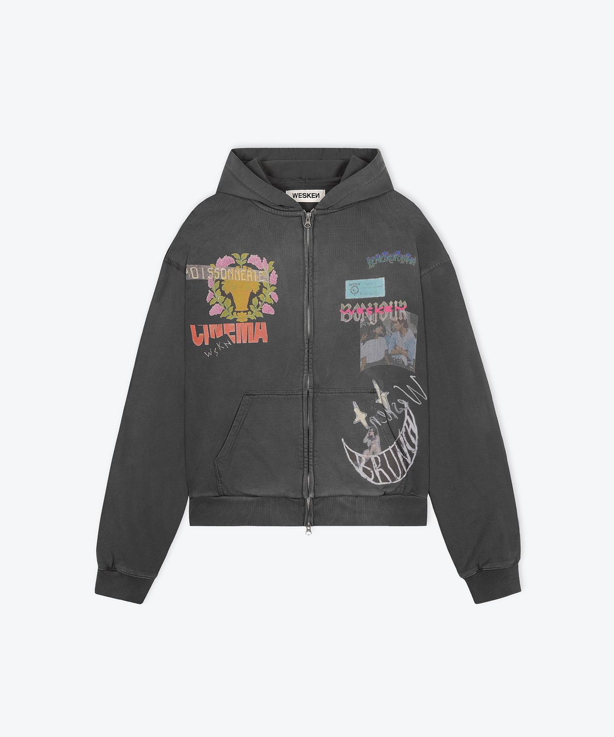 웨스켄(WESKEN) [UNISEX] OVERSIZED SCRAPBOOK ZIP-UP HOODIE (CHARCOAL)
