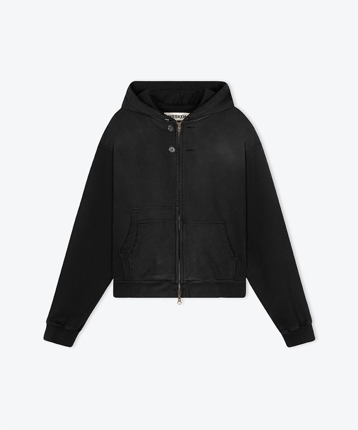 웨스켄(WESKEN) [UNISEX] UNISEX DOUBLE POCKET CROPPED WASHED ZIP-UP HOODIE (BLACK)
