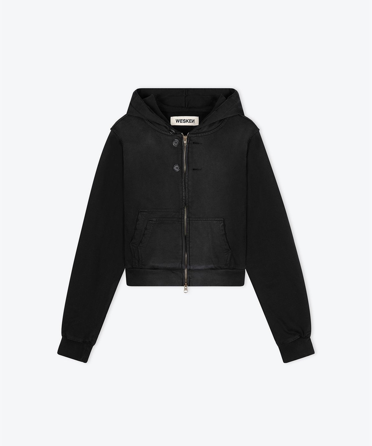 웨스켄(WESKEN) [WOMEN] DOUBLE POCKET CROPPED WASHED ZIP-UP HOODIE (BLACK)