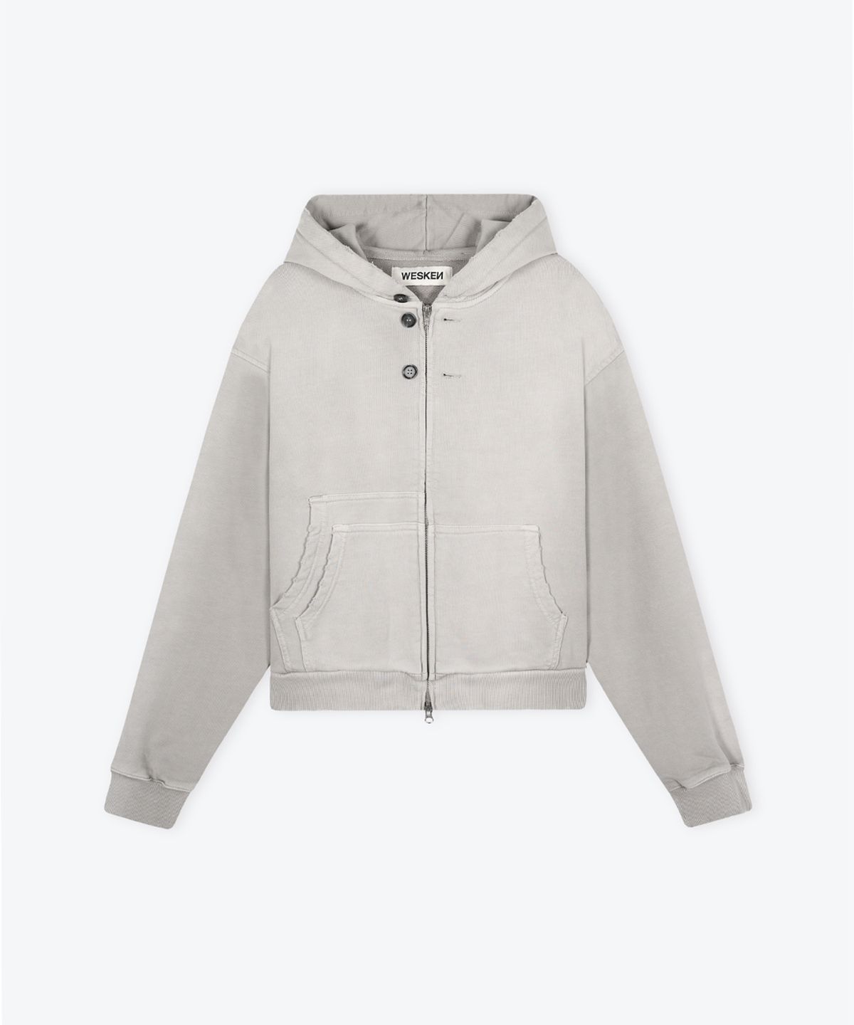 웨스켄(WESKEN) [UNISEX] DOUBLE POCKET CROPPED WASHED ZIP-UP HOODIE (GREY)