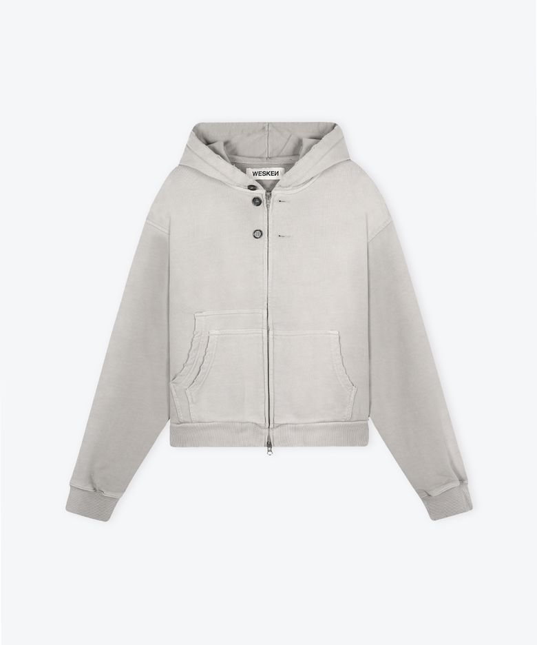[UNISEX] DOUBLE POCKET CROPPED WASHED ZIP-UP HOODIE (GREY)