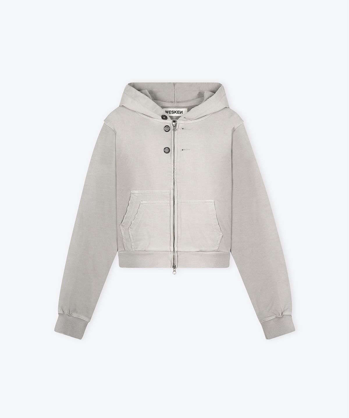 웨스켄(WESKEN) [WOMEN] DOUBLE POCKET CROPPED WASHED ZIP-UP HOODIE (GREY)