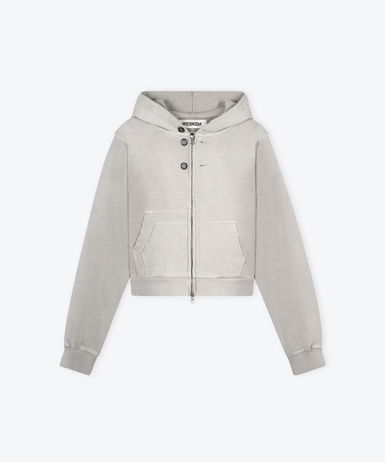 [WOMEN] DOUBLE POCKET CROPPED WASHED ZIP-UP HOODIE (GREY)